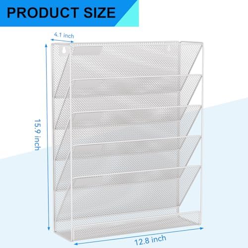 Wall File Organizer Holder Mesh Hanging Paper Document Holder, Vertical 6 Pocket Tier for Office Home, Silver