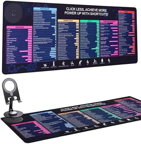 Office Pro Shortcuts Mouse Pad with Magnetic Wireless Charger & Holder Large Desk Mat with Keyboard Shortcuts with 15W Fast Qi Wireless Charging Compatible with iPhone Samsung Smartphones