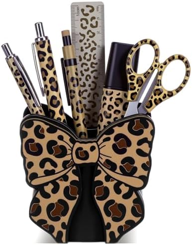 Tenceur Leopard Print Bow Holder for Desk Large Capacity Bow Pencil Holder