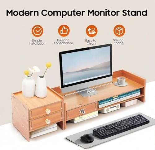 Wood Monitor Stand with Drawer, 18.9 Inch Computer Rack with Lockable Drawer and Phone Holder for Office Home Desk Organizer