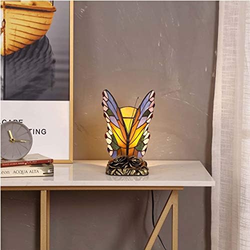 Bieye L11406 Butterfly Tiffany Style Stained Glass Accent Table Lamp Night Light for Bedside Living Room Bedroom, 8" W x 9" H