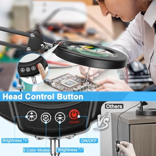 Coyeth 12X Magnifying Glass with Light and Stand, 5 Color Modes Stepless Dimmable 2-in-1 Lighted Magnifier with Clamp, LED Desk Lamp Hands Free for Crafts Hobby Reading Painting Sewing Close Work