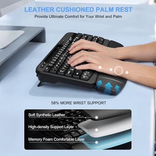 EAYBLLY 2.4G Wireless Ergonomic Keyboard, Full Size Wave Keys with Memory Foam Wrist Rest & 7.28in Phone Holder, USB-C Adapter Included for Windows Mac Chrome OS, Office or Home (Black)