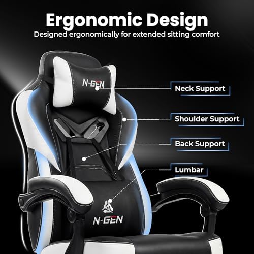 Gaming Chairs with Footrest, Big and Tall Gamer Chair with Headrest and Lumbar Support for Adults, White