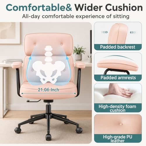 Ergonomic Home Office Desk Chair, PU Leather Computer Chair with Lumbar Support, Adjustable Height, 360° Swivel Rolling Wheels, Executive Task Chair for Office, Gaming, Meeting Room, Pink