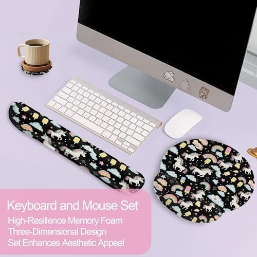 Cute Unicorn Starry Sky Rainbow Ergonomic Wrist Support Keyboard Mouse Wrist Rest Set, Computer Office Comfortable Wrist Rest for Mouse Easy Typing