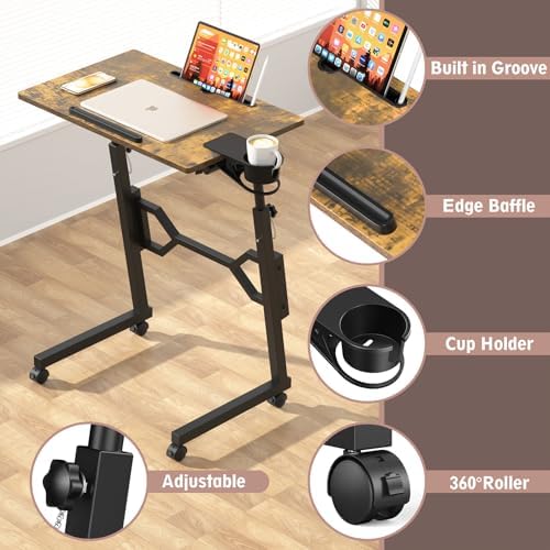 Enayplon Small Standing Desk with Wheels, Portable Treadmill Desk, Rolling Desk Adjustable Height for Laptop, Mobile Standing Table for Walking Pad, Bedside Table