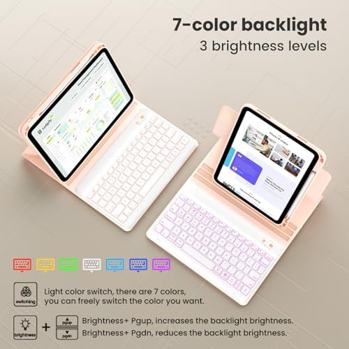 Keyboard Case for iPad 9.7 6th 2018/5th gen 2017/ Air 2-7 Color Backlit Detachable Wireless Keyboard - 360° Rotatable Magnetic Detachable Slim Folio Cover with Pencil Holder (Pink)