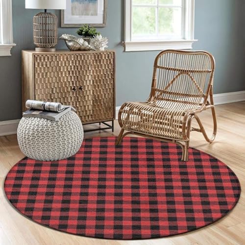 Machine Washable Modern Round Area Rug, Room Sofa Yoga Soft Round Carpet, Home Decor Non Slip Kitchen Office Circle Rug Christmas Tartan Red Black Buffalo Check Plaid, 60inch