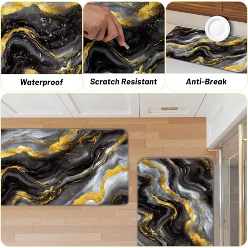 Tyrot Gold Black Kitchen Mats for Floor 2 Pcs 17.3"X28"+17.3"X47"