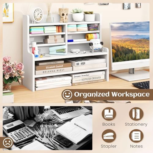 Tangkula Double 6-Tier Desktop File Organizer, Wooden Mail Letter Tray Organizer with 4 Removable Shelves for Papers, Folders & Office Supplies, Space-Saving File Holder for Small Spaces & Office