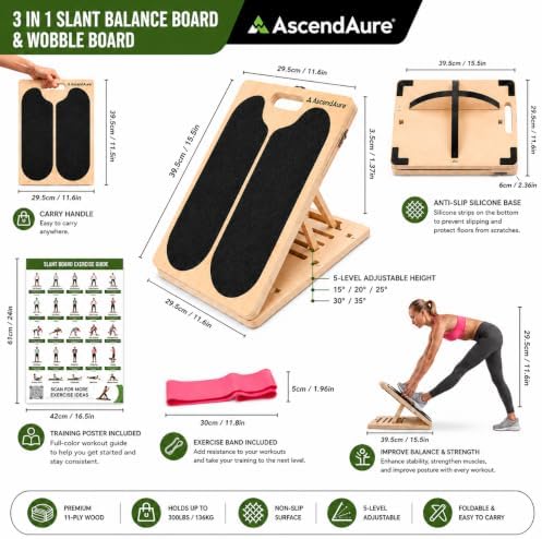 3-in-1 Slant Board & Balance Board, 6 Angle Adjustable Calf Stretcher, Wooden Incline Board for Squats, Ankle & Foot Stretching