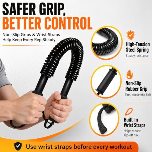 Power Twister Bar - Chest & Arm Exerciser, Upper Body Strength Trainer with 20-66 lb Resistance, Non-Slip Grips & Wrist Straps for Home Gym Workout