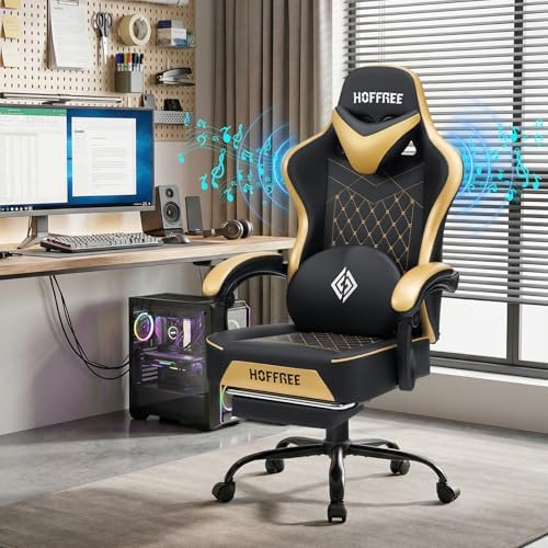 HOFFREE Gaming Chair with Speakers Massage Computer Chairs for Adults-Gold