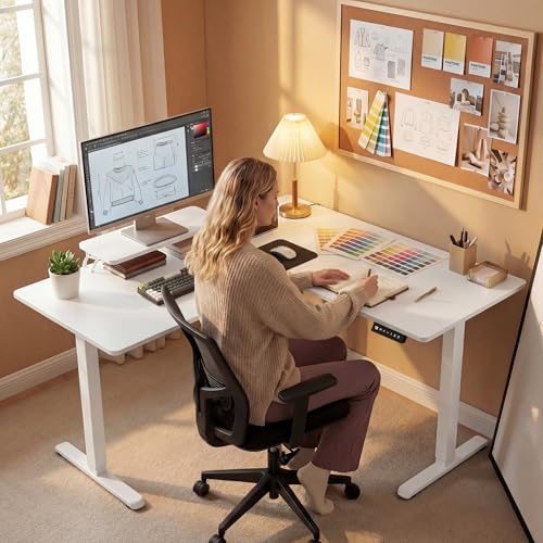 Furmax 63 x 47 Inch L Shaped Standing Desk with 2 Preset Heights, Electric Height Adjustable Computer Desk, Corner Sit Stand Desk for Home Office, 2 Hooks & Feet Balance (White, 63 x 47 Inch)