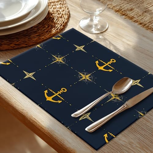 Shrahala Maritime Sea Sailing Symbols Placemats, Navy Blue Nautical Seamless Pattern Table Mat Linen Burlap Washable Double-Deck Heat Insulation for Dining/Kitchen Table Set of 6 (12 X 18 Inch)