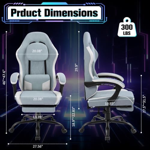 Gaming Chair with Footrest, Ergonomic Fabric Desk Chair, Blue