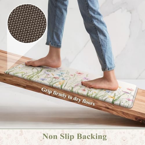 KIMODE Anti Fatigue Kitchen Mats for Floor, Floral Kitchen Rugs Sets of 2