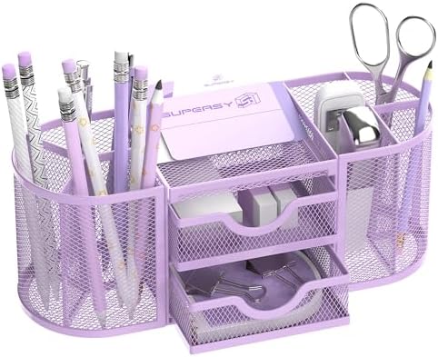 SUPEASY Mesh Desk Organizer, Pen Holder for Desk with 2 Drawers, Purple