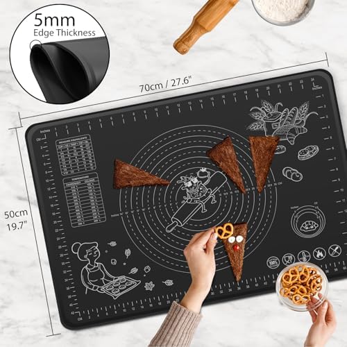 Silicone Baking Mat 28" x 20" Extra Thickness Dough Rolling Mat with Measurements and Edge Heightening, Non-stick Food Grade Silicone Pastry Mat for Pastry, Bread, Cookies, Pizza, Fondant, Pasta-Black