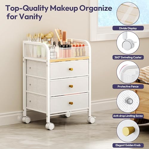 SWTYMIKI Rolling Makeup Organizer Cart - 14.96″*11.81″*23.03″ Widened Under Desk Vanity Storage with 3 Non-woven Drawers, Cosmetic Display Cases for Skin Care Perfume Nail Polish Brush Hair Tool White