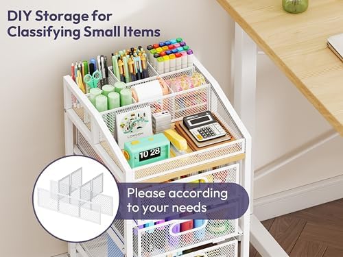 SWTYMIKI Rolling Utility Cart with Drawers - Under Desk Storage Cart with DIY Divider & Lockable Wheels, Multi-Functional Craft Art Supply Organizer for Office, Vanity, Craft Room & Studio White