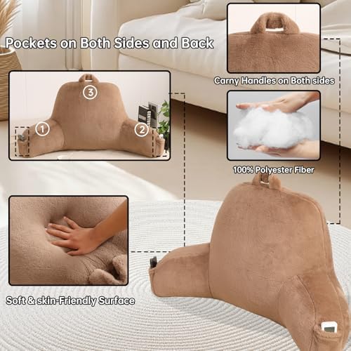 Soft Reading Pillow for Bed with Arms,Middle,Khaki,Faux Fur