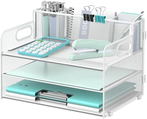 3-Tier Desk Organizer with Pen Holder and Handles, Paper Organizer, White