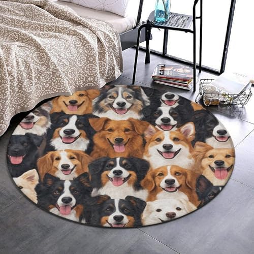 Large Home Decor Mat, Soft Round Yoga Carpet, Non Slip Machine Washable Home Office Circle Rug Cute Dogs Puppy