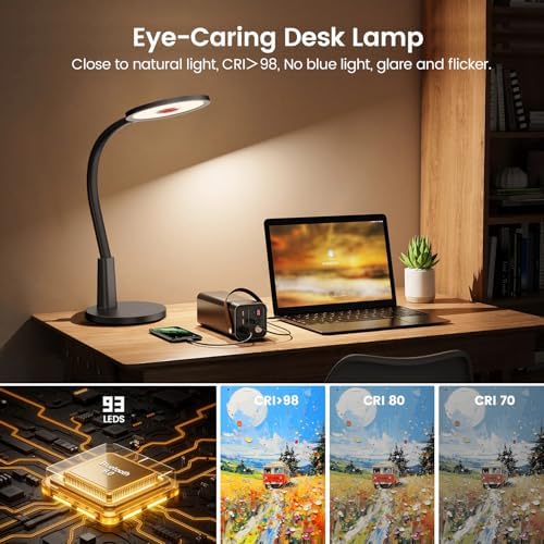 Glendan Desk Lamp for Home Office: Eye-Caring LED Red Light Desk Lamp, 10 Brightness & Flexible Gooseneck, Dimmable Desk Light with Memory & Timer, Table Lamp for Study, Bedroom