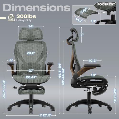 ELABEST X100 Ergonomic Mesh Office Chair with Footrest, Big and Tall Home Desk Chair with 5D Flip-Up Arms, Adjustable 3D Lumbar Support, Gaming & Executive Computer Chair