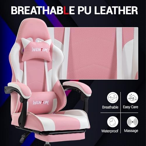 Gaming Chair with Footrest for Adults, PU Leather Video Game Chair with Massage Lumbar Support for Men Women, Ergonomic Computer Gamer Chair for Home Office, Height Adjustable, Pink