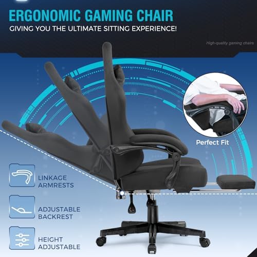 GTPLAYER Gaming Chair Fabric with Pocket Spring Cushion, Big and Tall Gamings Chairs 350LBS High Back Computer Chair with Footrest for Adults Lumbar Support Swivel Game Chair for Office Light Black