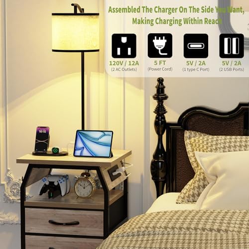 runjuly Floor Lamp with Table Set 2, End Table with Light & Charging Greige