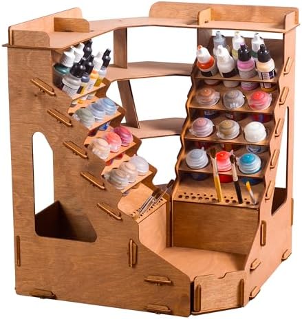 Plydolex Plywood Corner Model Paint Organizer - 32 Bottle & 46 Brush Slots Rack, 3 Shelves, 6 Stands & a Photo-Shooting Scene - Suits Tamiya, Vallejo, Citadel Paints - Works for Warhammer 40K, DnD
