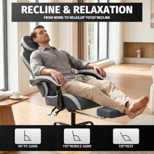 Honeycomb Embossed Gaming Chair with Footrest & Massage Lumbar Support, Adjustable Ergonomic Office Chair for Adults, 300 lbs (Grey White)
