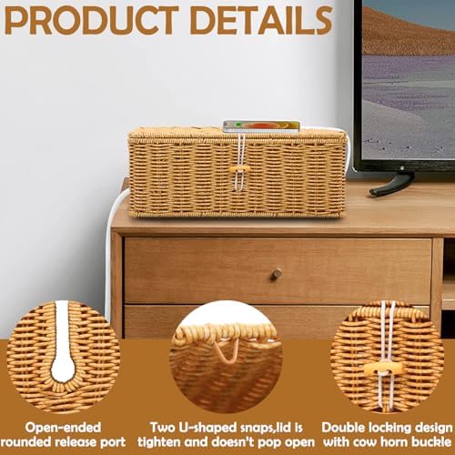 2PCS Cable Management Box, Handmade Rattan Cable Organizer Cord Basket