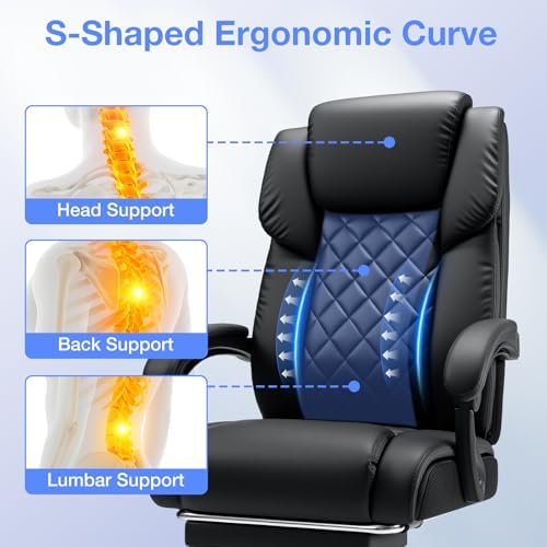 HOFFREE Reclining Office Chair with Lumbar Support and Adjustable Headrest 400lbs Executive Office Chair with Foot Rest PU Leather Ergonomic Desk Chair,Linkage Armrests,Black