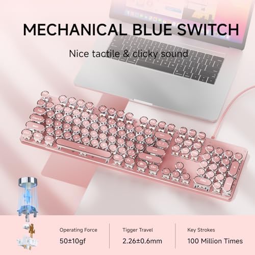 Wired Typewriter Style Mechanical Keyboard with White Backlit, Cute-Pink