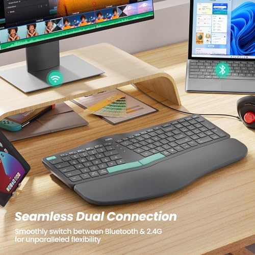 Nulea Wireless Ergonomic Keyboard, Split Keyboard with Cushioned Wrist Rest, Bluetooth and USB Connectivity, USB-C Rechargeable, Compatible with Windows Mac,Green Gray