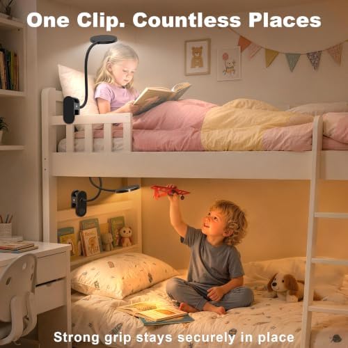 Rechargeable Clip on Light for Bed, 97 LED Cordless Reading Lamp with 3 Color Modes & 10 Brightness Levels, Portable and Flexible Book Light Clamp on Office Desk Bunk Bed Dorm Headboard (Black/4.7'')