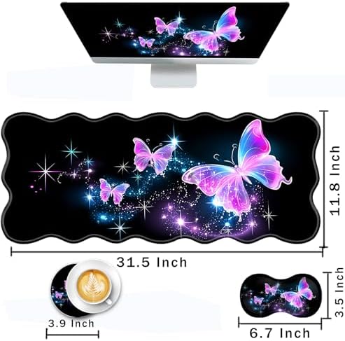 Mouse Pad with Wrist Support + Desk Mat + Coaster 3 in 1 Set, XL Large Gaming Mousepad Ergonomic Mouse Pads for Desk Computer Laptop Office,Glowing Night Pink Butterflies