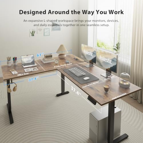 Agilestic 75x61 Inch L Shaped Electric Standing Desk, Corner Workstation, Rustic Brown