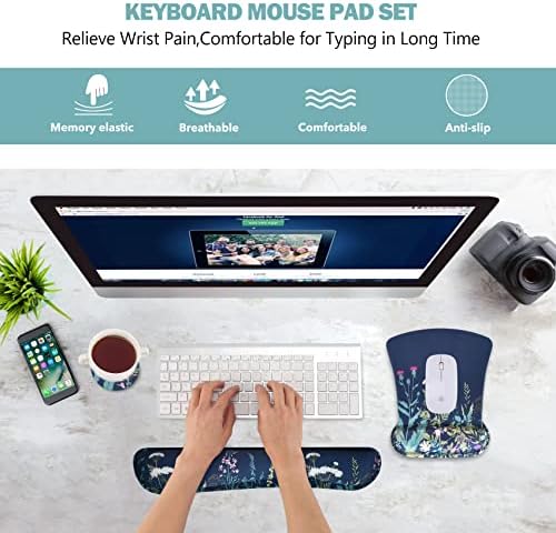 AIMSA Ergonomic Keyboard Wrist Rest and Mouse Pad with Wrist Support Set, Memory Foam Non-Slip Rubber Base, for Home, Office, Easy Typing, Pain Relief, Flowers Plants