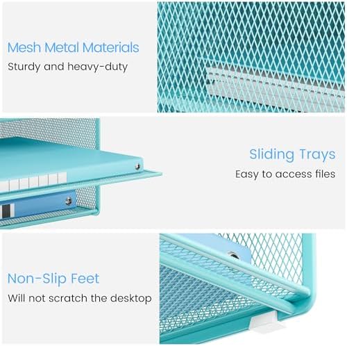Lavatino Desk Paper File Organizer - Metal Mesh with 2 Letter Trays, 7 Flexible Dividers, 2 Vertical File Folder Holders for Office/Home/Classroom Supplies, Desk Organizers and Accessories, Blue
