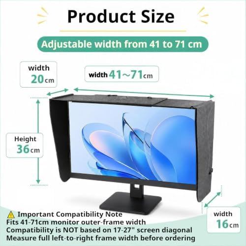 Computer Monitor Hood, Strap‑Back Adjustable Sun Shade for 17‑27 Inch Monitor, Fits Monitor Outer Frame Width 41‑71cm, Anti‑Glare Screen Hood for Photo Video Editing
