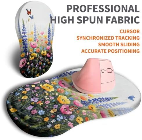 Ergonomic Joint Wrist Support Mouse Pad with Memory Foam Cushion Massage Bump, Carpal Tunnel Pain Relief Mousepad Slope Design for Wrist Rest, 11.8x7.9 in, Wild Flower