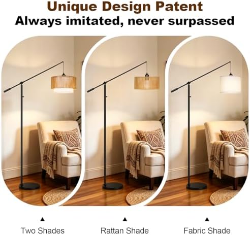 【Upgraded】Boho Dimmable Floor Lamps with Adjustable Swing Arm, 1100 Lumens Bulb Included, Modern Standing Lamp with Rattan & Fabric Shades, Farmhouse Tall Arc Floor Lamp for Living Room Bedroom, Black