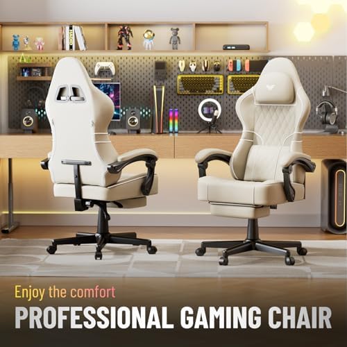 Ferghana Leather Ergonomic Gaming Chair with Footrest and Linkage Armrest, High Back Computer Game Chair with Massage Lumbar Support for Adult(Beige)