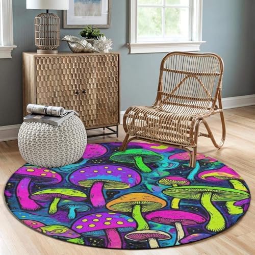 Highly Premium Quality Floor Mat, Office Chair Decor Mat, Room Sofa Yoga Soft Round Carpet Trippy Colorful Mushrooms Magic Art, 60inch